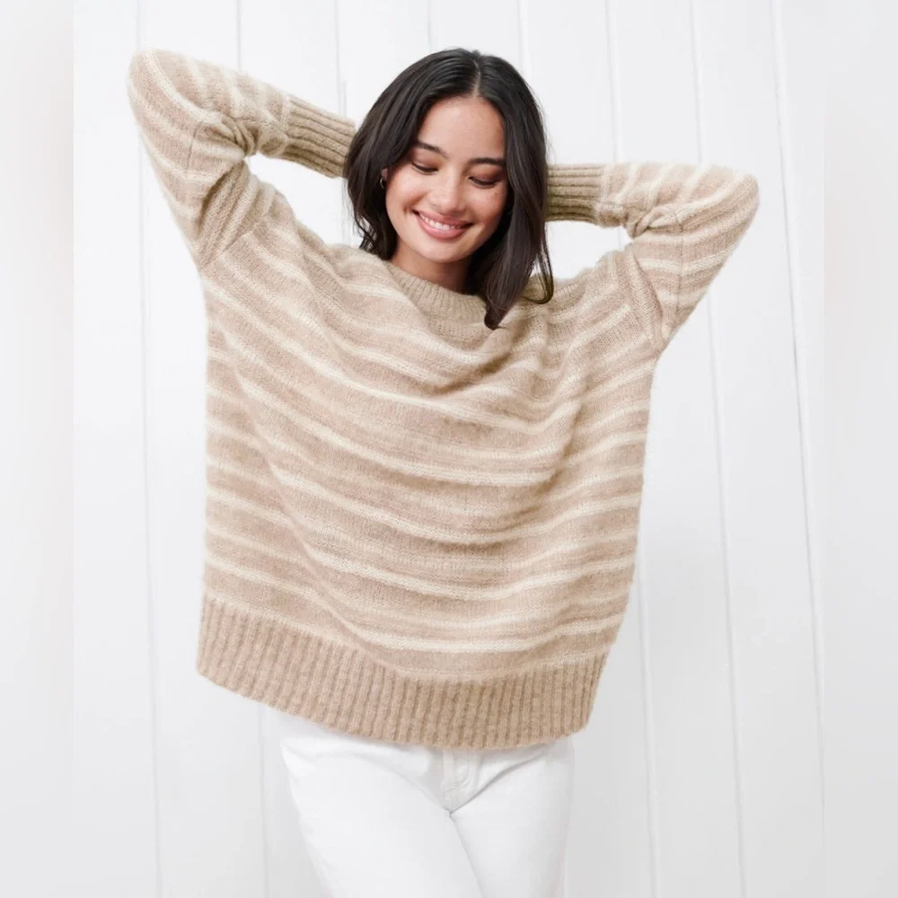 NEW Jenni Kayne Cocoon Crew Neck Sweater in Sand  Stripe Beige | size XL - Picture 3 of 10